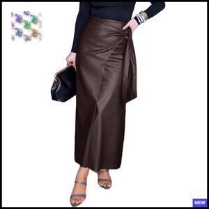 Faux Leather Pencil Skirt High Waisted Wrap Side Slit Retro Chic Office Wear